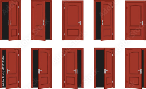 Red doors opening at different angles on white background opening doors door handles silver handles brown doors