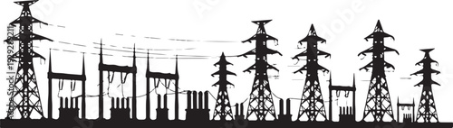 Silhouette of power transmission towers and industrial landscape