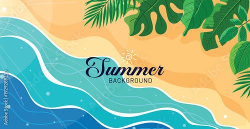 Summer background vector with tropical beach top view. Beautiful ocean waves, sandy shore, and green palm leaves for seasonal vacation banner design. Vector illustration.