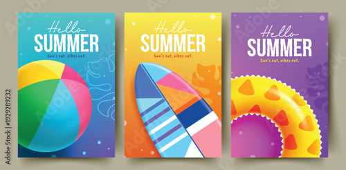 Hello summer vector collection. Hello summer posters with beach ball, surfboard, and inflatable ring elements for tropical holiday promotions. Vector illustration.