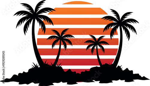 Tropical island scene with palm trees silhouetted against a striped sunset