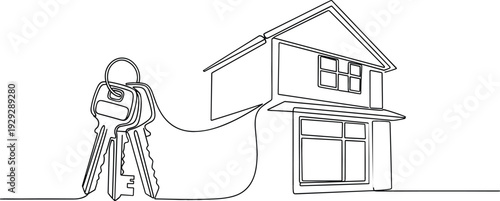 Continuous line drawing of house keys connected to a modern home for real estate and property ownership concepts