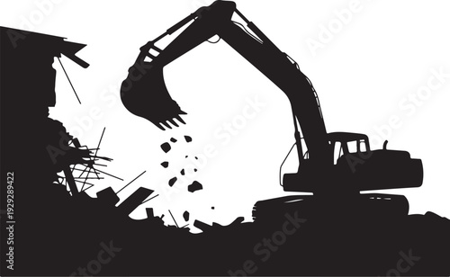 Black silhouette excavator demolishing building demolition