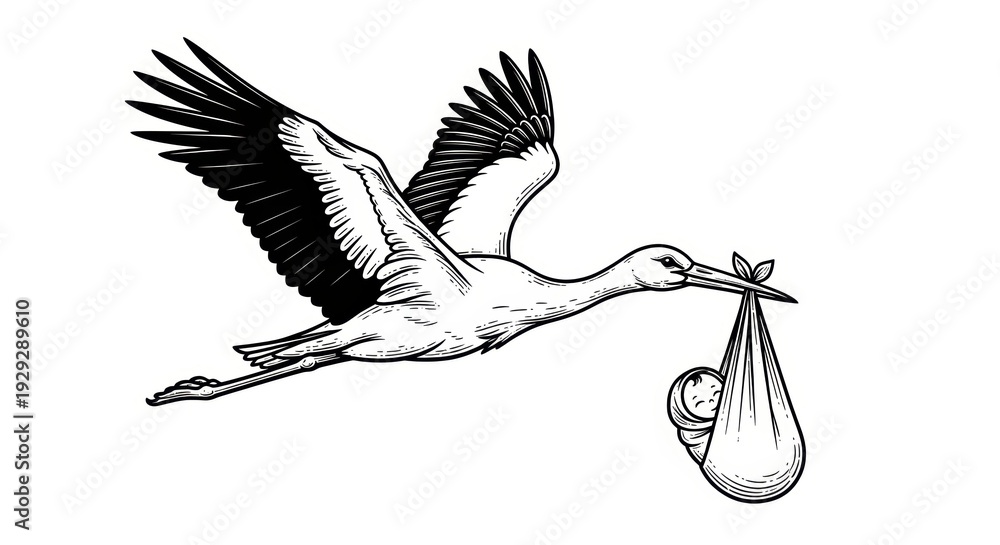 Obraz premium Stork crane carry baby color sketch engraving vector illustration. Scratch board style imitation. 