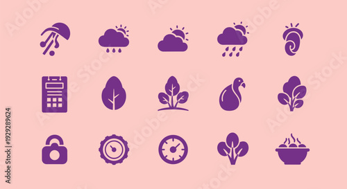 Collection of Purple Icons Representing Nature.