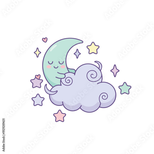 A cute, kawaii-style illustration of a smiling crescent moon resting on a fluffy cloud surrounded by sparkling stars and hearts.