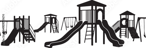 Black and white illustration of a playground equipment set