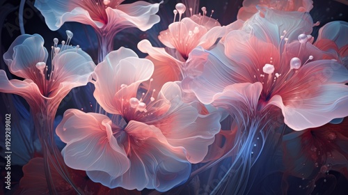 Ethereal Glowing Pink and Blue Fantasy Flowers in Dreamlike Garden