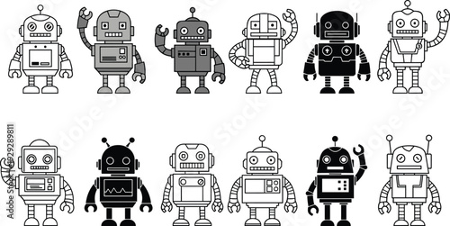 Robots in various colors and poses robot cartoon robots black and white grayscale monochrome