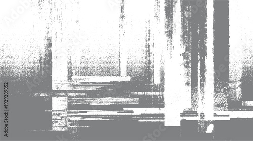 Gray and white abstract digital glitch texture with horizontal and vertical lines and scattered dots