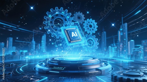 Futuristic AI chip with glowing gears floating above a high-tech platform in a digital cityscape