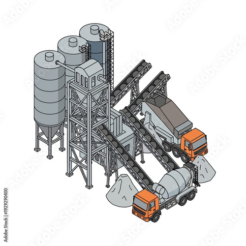 Industrial Cement Plant with Trucks and Silos.