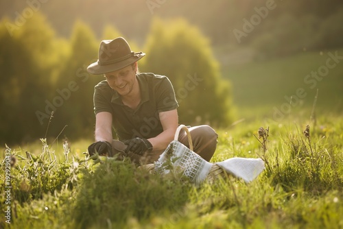 Obraz na plátně In tranquil countryside surroundings an individual joyfully gathers wild stingin