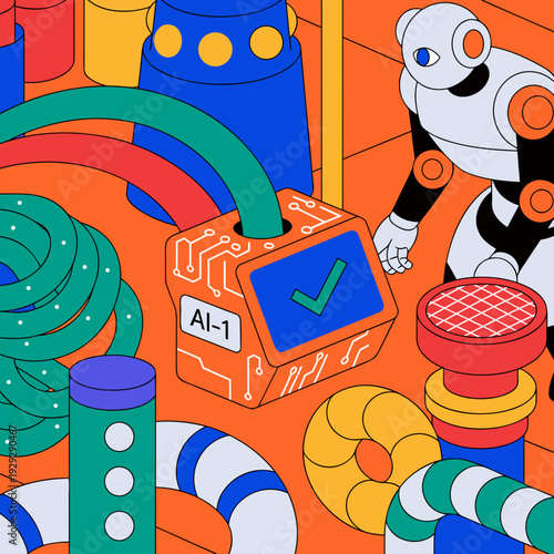 Robot interacting with AI circuit box in futuristic industrial setting