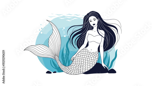 Beautiful mermaid with long dark hair and a detailed scaly tail sitting on rocks in a blue underwater scene with seaweed and coral.