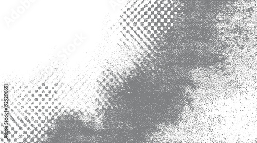 Grey and white abstract halftone pattern with scattered dots and checkerboard