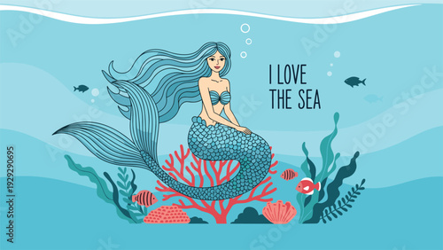 Beautiful mermaid with long blue hair sitting on a coral reef with colorful fish and seaweed under the sea with festive text.