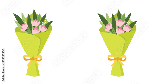 Simple illustration of two identical bouquets of pink flowers wrapped in lime green paper and tied with a yellow bow on white.