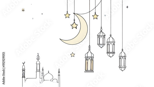 Cute Pastel Ramadan Hanging Decorations with Lantern Moon Star and Mosque Elements Minimal Islamic Vector Clipart Set