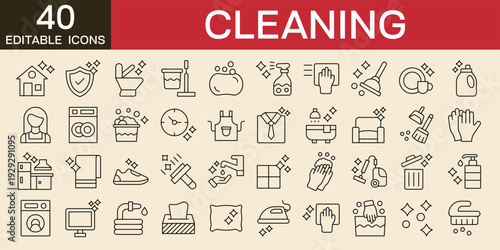 Cleaning icon set , vector illustration with icons of  vacuum cleaner, detergent, cleaning tools, equipment, household appliances and more editable stroke line icons 