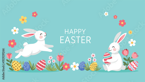 Joyful Easter greeting features two white bunnies playing among colorful eggs and spring flowers on a bright turquoise background with text.