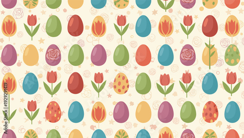Festive Easter pattern showcases rows of colorful decorated eggs and blooming tulips against a cream background with faint rose outlines.