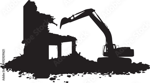 Black silhouette excavator demolishing building demolition