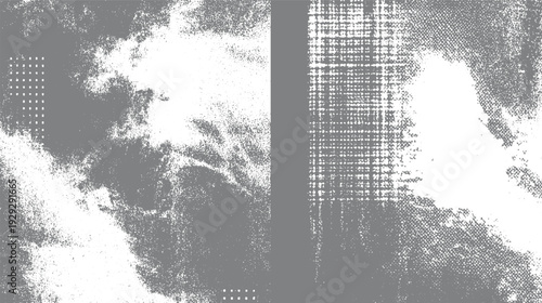 Abstract textured background with scattered dots and grid patterns in grey and white