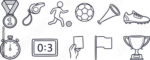 Soccer sports icons set with trophy, medal, whistle and timer on white background