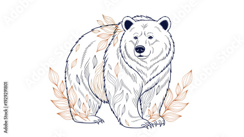 Detailed line art of a large bear walking forward is decorated with delicate botanical leaves and branches in a contemporary style.