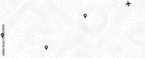 Topographic map with pins and airplane icon, travel concept