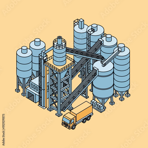 Industrial Facility with Silos and Truck.
