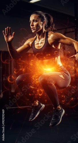 Fit woman executes an explosive plyometric jump with glowing energy effects around her core in a dark gym setting.