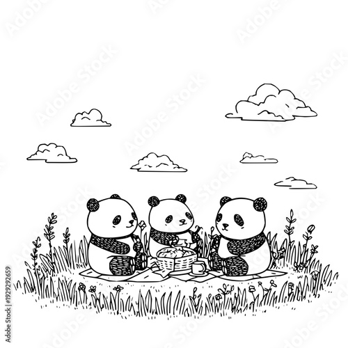 Three cartoon pandas having a picnic together in a field with flowers and clouds in the background black and white illustration