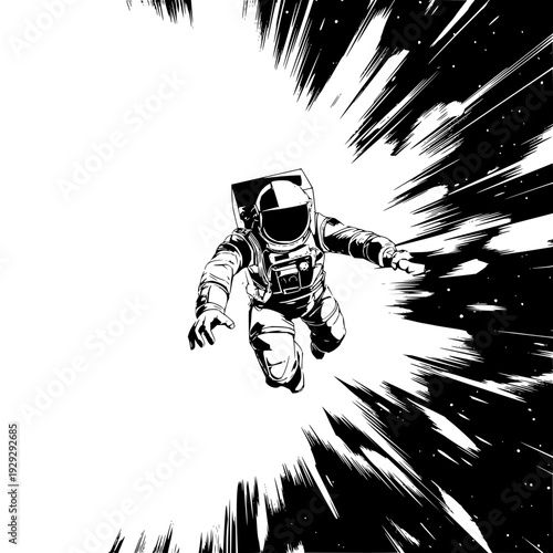 Astronaut floating in space with dynamic black and white comic book style illustration and motion blur