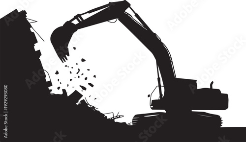 Black silhouette excavator demolishing pile of rubble