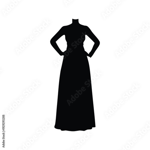 Elegant woman in long dress with hands on hips, silhouette vector illustration, maxi dress silhouette vector illustration