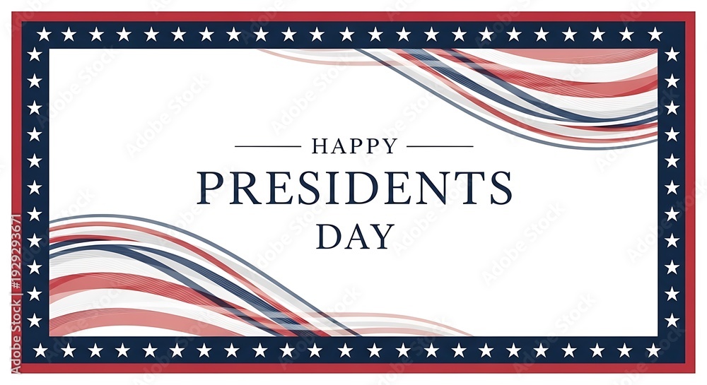 Fototapeta premium Happy Presidents Day greeting card design featuring flowing red, white, and blue abstract waves within a border.