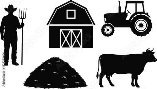Black and white farm silhouette illustration with farmer, barn, tractor, cow, haystack, rural agriculture scene, traditional countryside lifestyle artwork