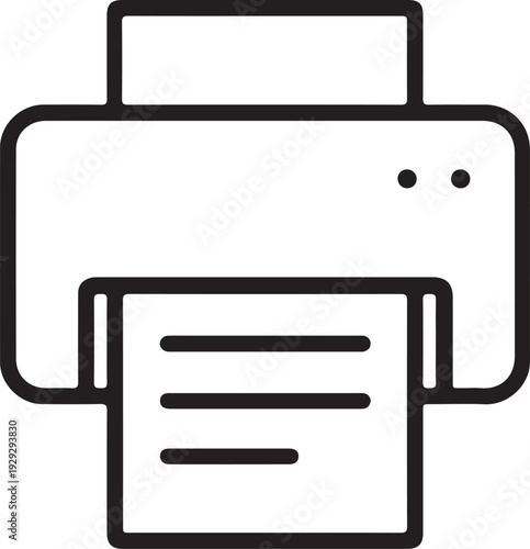 A simple black and white line art illustration of a printer with a sheet of paper coming out