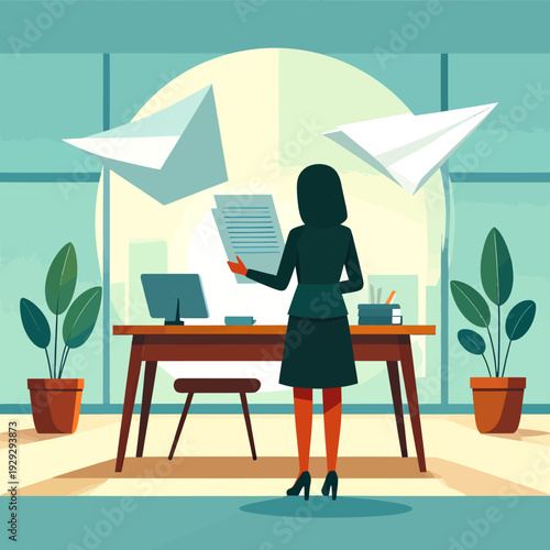 A cute and dedicated business professional adeptly managing documents and innovative ideas with paper airplanes flying in a modern office environment, symbolizing creativity and efficient workflow