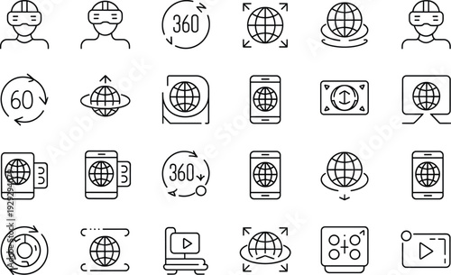 Black line of virtual reality and 360 degree concepts virtual reality, 360 degree line black and white, technology, vr headset, globe, mobile phone, computer, rotation, arrows, digital, web, online, i