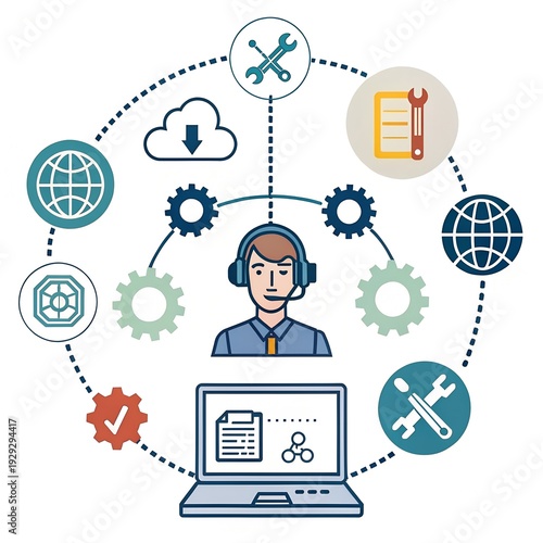 IT Support and Technical Service Concept with Technician Laptop and Network Icons Illustration.