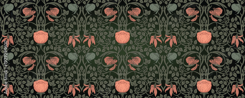 Seamless tulip pattern inspired by William Morris style. Classic floral design with elegant repeating composition, suitable for wallpaper, textiles, tapestry, and heritage-inspired decor.