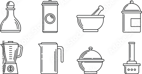 Collection of Minimalist Kitchenware Line Icons Featuring Blender Mortar and Pestle Food Storage Containers Jars Pitcher and Cooking Utensils Set for Culinary Web and Print Design