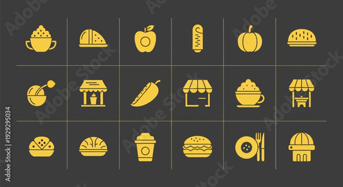 Collection of Yellow Food Icons on Grid.