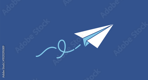 White paper airplane flying on blue background with swirl trail