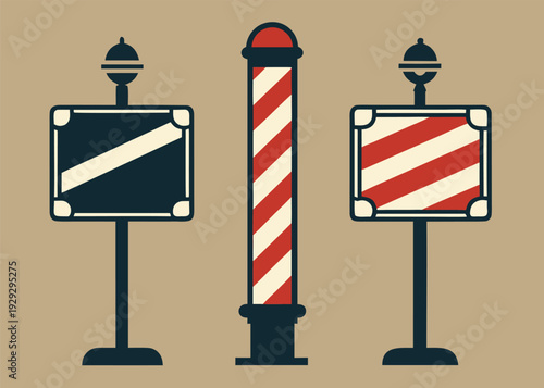 A tan background hosts three barber-related graphics including a central pole and two rectangular signs with red and white diagonal striped patterns.