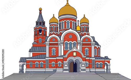 Magnificent Russian Orthodox cathedral with golden domes, ornate red brick architecture, historic religious landmark, cultural heritage, Eastern European church illustration