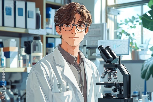 Young scientist conducts research in a laboratory with a microscope Generative AI